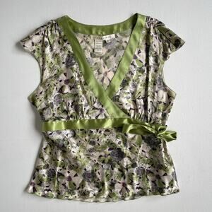 Vtg Y2K Studio M Green Floral Silk Tie Top Flowy Fairy / Sz XL / Whimsygrunge